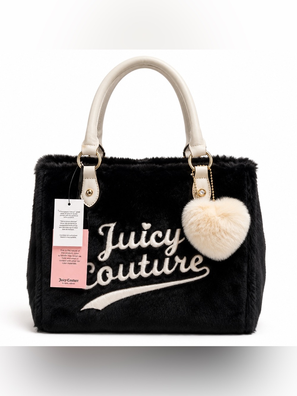 Juicy Couture Black Faux Fur Tote with Cream Handles and Heart Pom